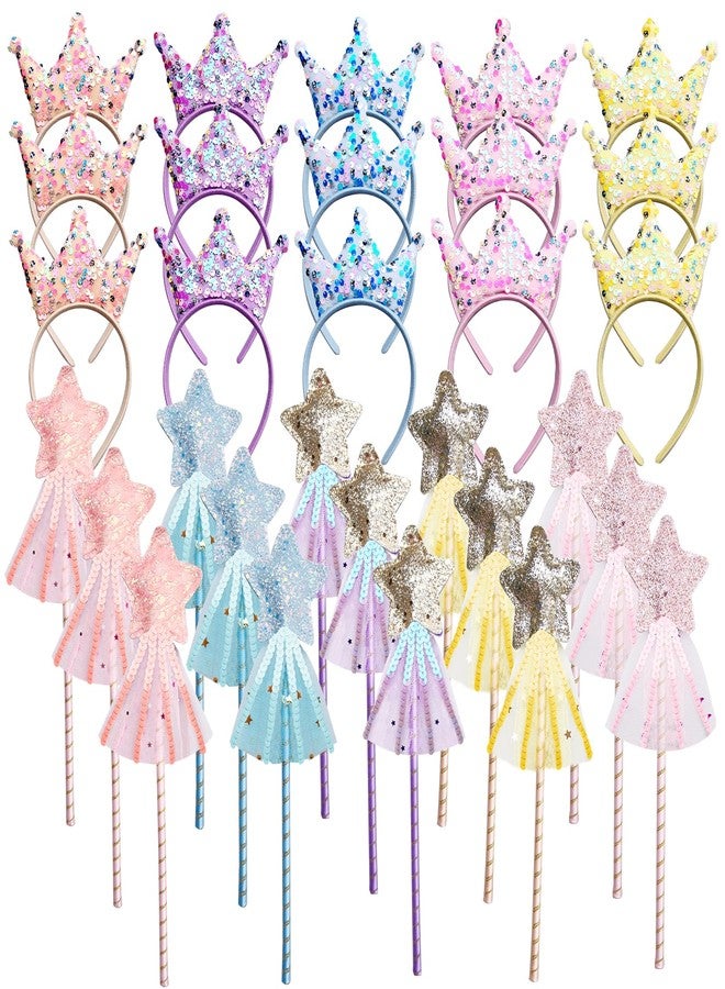 SENONAPO 30 Pcs Princess Wands Party Favors Glitter Star Fairy Wizard Wands Angel Wand Sticks Cosplay Accessories Sequin Princess Kids Crown Headbands for Kids Birthday Party Decor Gifts Supplies - Image 1